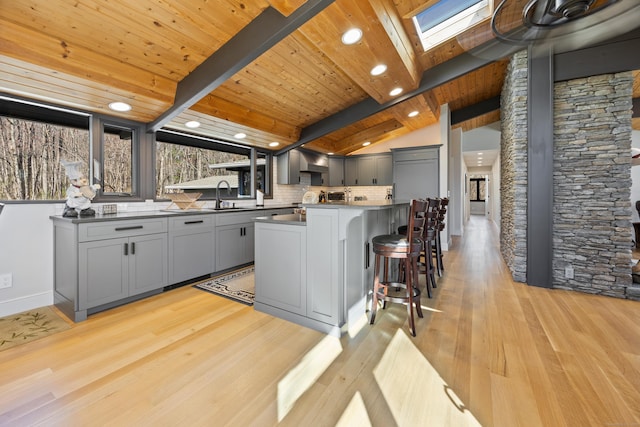 187 Sherbrook Dr, Goshen, CT 06756 - kitchen with recessed lighting, a sink, vaulted ceiling with skylight, light wood-type flooring, and gray cabinetry