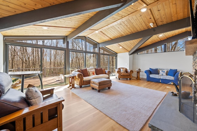 187 Sherbrook Dr, Goshen, CT 06756 - living room with vaulted ceiling with beams, wood finished floors, and wood ceiling