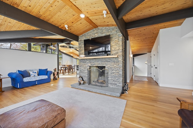 187 Sherbrook Dr, Goshen, CT 06756 - living area with wood ceiling, baseboards, beam ceiling, wood finished floors, and a stone fireplace