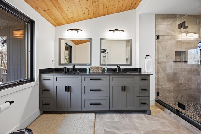 187 Sherbrook Dr, Goshen, CT 06756 - full bath featuring a stall shower, lofted ceiling, and a sink