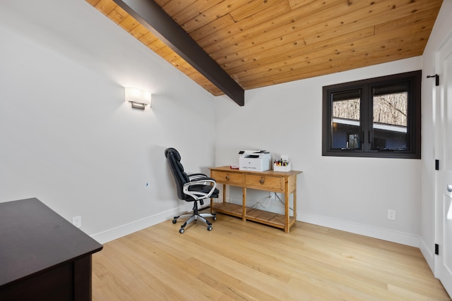 187 Sherbrook Dr, Goshen, CT 06756 - home office featuring baseboards, wooden ceiling, vaulted ceiling with beams, and light wood-style floors