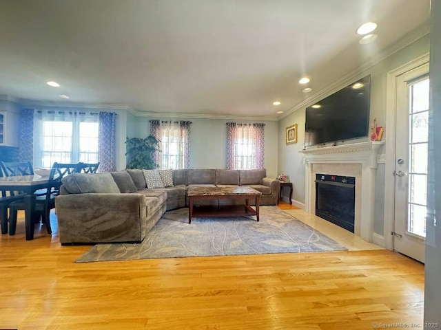 598 Nichols Ave, Stratford, CT 06614 - living room with crown molding, wood finished floors, and a glass covered fireplace