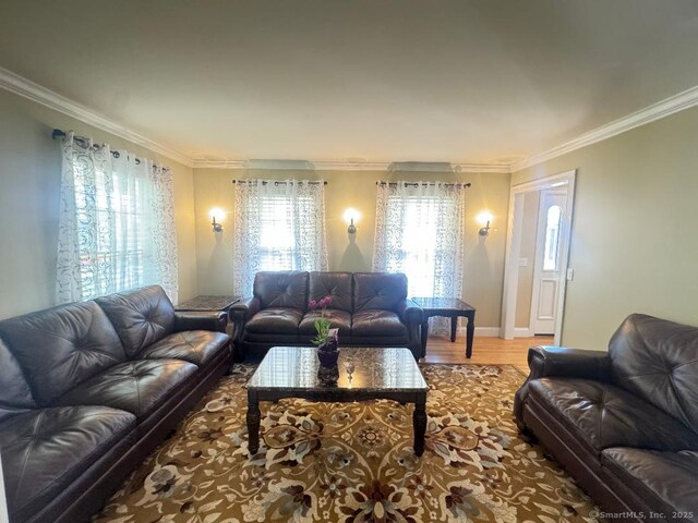 598 Nichols Ave, Stratford, CT 06614 - living room featuring crown molding, baseboards, and wood finished floors