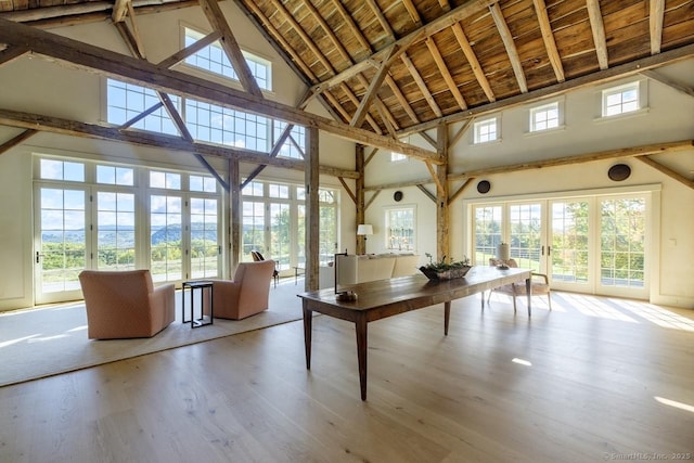 interior space with beam ceiling, high vaulted ceiling, wood finished floors, and wood ceiling