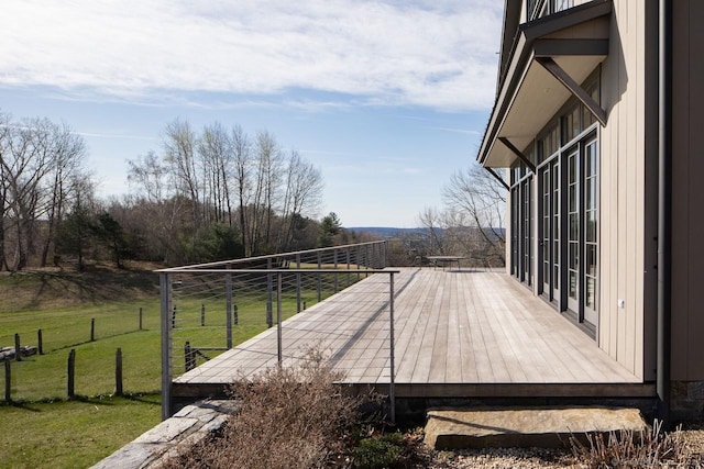 wooden deck with a lawn and fence