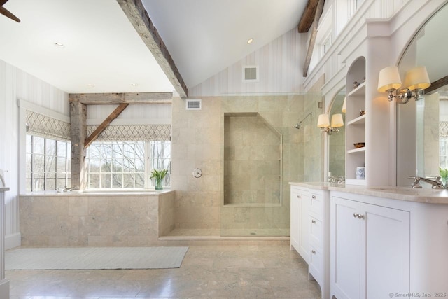 full bathroom with visible vents, lofted ceiling with beams, walk in shower, and vanity