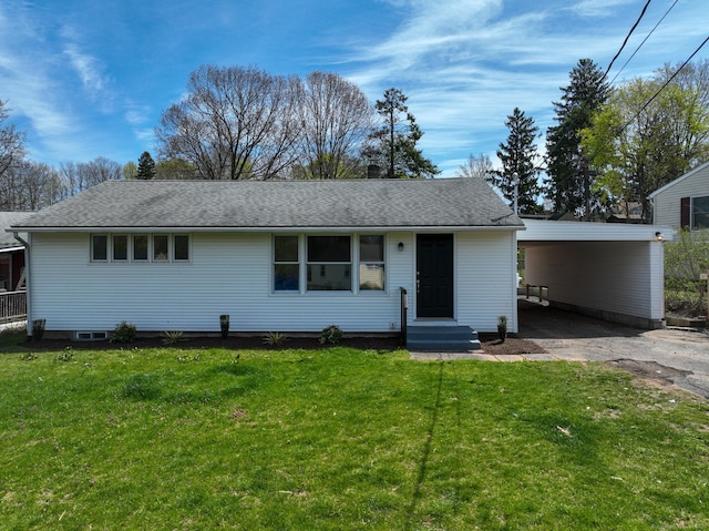8 Batt St, Middletown, CT 06457 - ranch-style home featuring a front yard, driveway, a carport, and roof with shingles