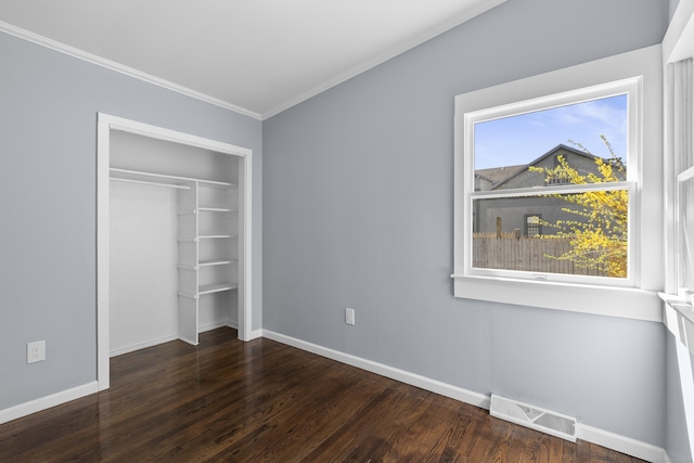 28 Shortwoods Rd, New Fairfield, CT 06812 - unfurnished bedroom featuring wood finished floors, visible vents, ornamental molding, a closet, and baseboards