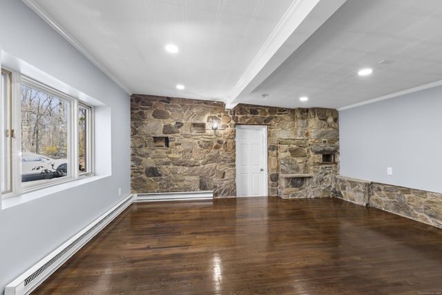 28 Shortwoods Rd, New Fairfield, CT 06812 - unfurnished living room with recessed lighting, hardwood / wood-style floors, baseboard heating, and ornamental molding