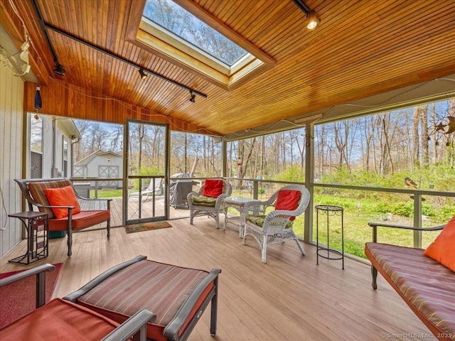 sunroom / solarium with track lighting and a skylight