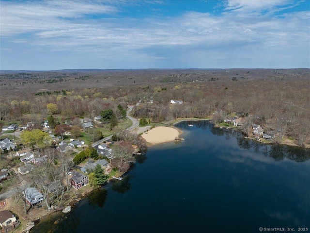 bird's eye view featuring a residential view, a water view, and a wooded view