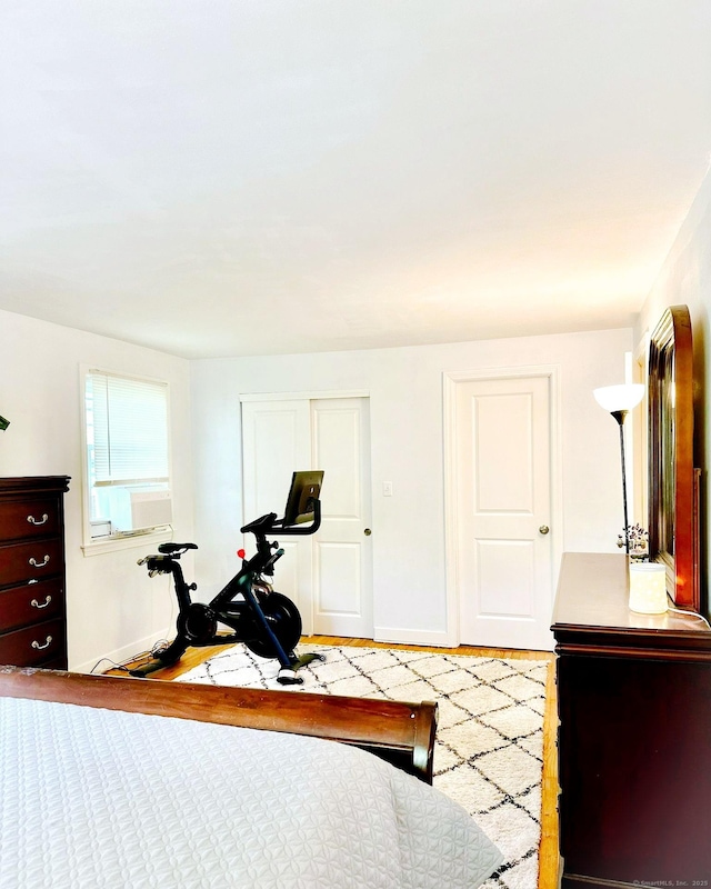 bedroom featuring wood finished floors, baseboards, and a closet