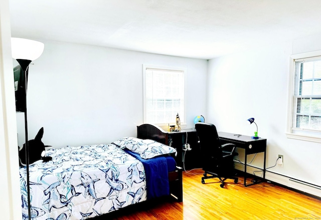 bedroom with wood finished floors and a desk