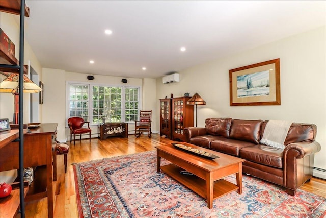 12 Winding Brook Ln, Redding, CT 06896 - living room featuring wood finished floors, a wall mounted air conditioner, recessed lighting, a baseboard radiator, and a baseboard heating unit