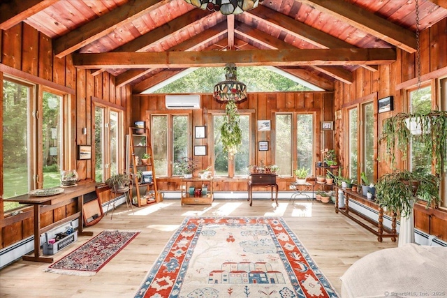 12 Winding Brook Ln, Redding, CT 06896 - sunroom with a wall unit AC, baseboard heating, a baseboard heating unit, and a chandelier