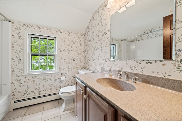 bathroom featuring vaulted ceiling, vanity, tile patterned floors, a baseboard radiator, and toilet
