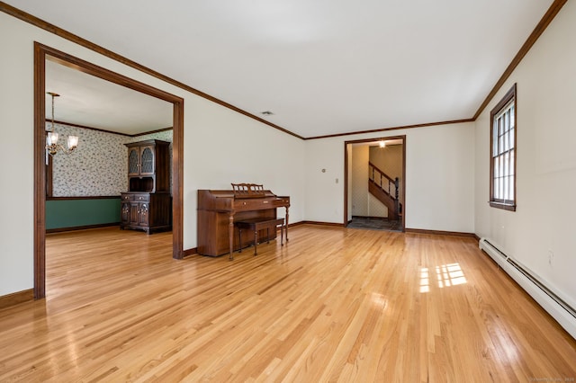 living area featuring light wood finished floors, stairs, baseboards, a baseboard heating unit, and ornamental molding