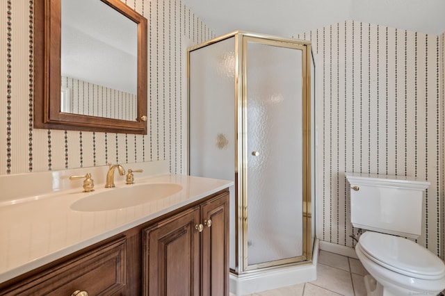 full bath with tile patterned floors, a stall shower, wallpapered walls, and toilet