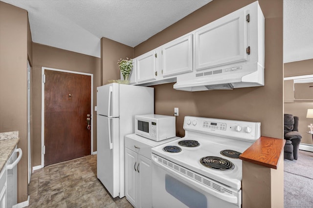 kitchen with white cabinetry, white appliances, under cabinet range hood, and light countertops