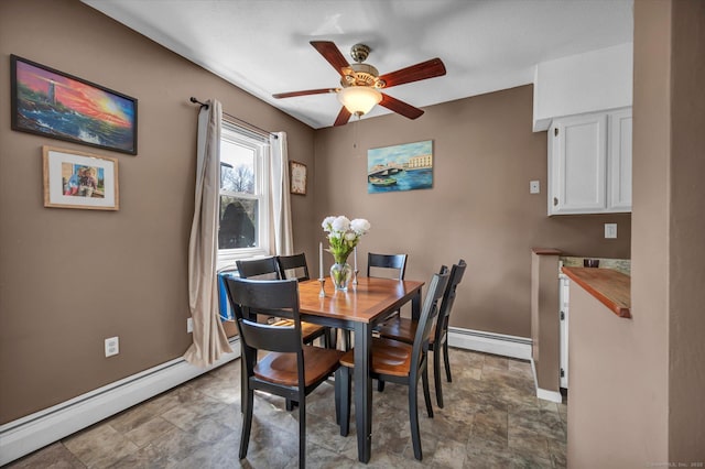 dining area with a baseboard heating unit, a ceiling fan, stone finish floor, and baseboards