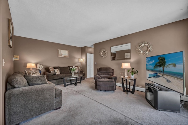living room featuring carpet flooring and a baseboard radiator