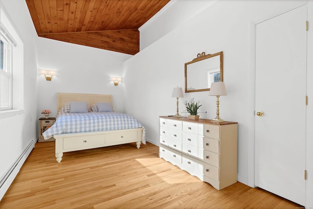 bedroom with wood ceiling, a baseboard radiator, vaulted ceiling, and light wood-type flooring