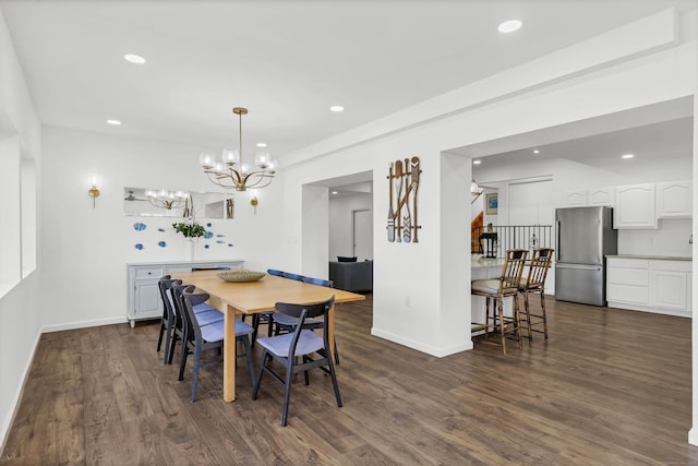 dining room featuring baseboards, a chandelier, dark wood-style floors, and recessed lighting