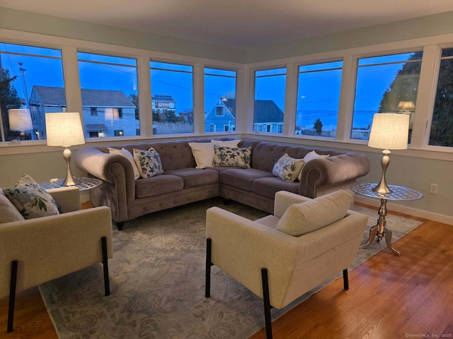 living room with baseboards and wood finished floors