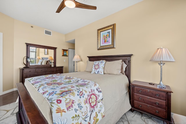 bedroom featuring a ceiling fan and visible vents