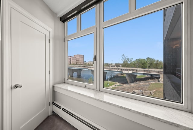 interior details featuring a water view and baseboard heating