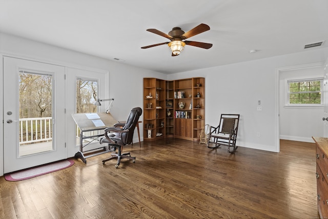 office with wood finished floors, ceiling fan, and baseboards