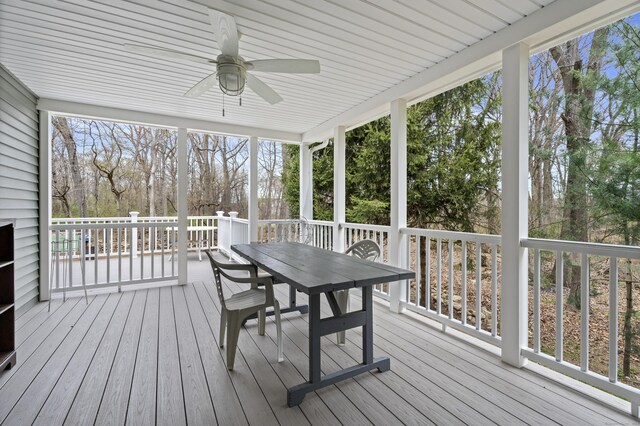 sunroom / solarium featuring ceiling fan and outdoor dining area