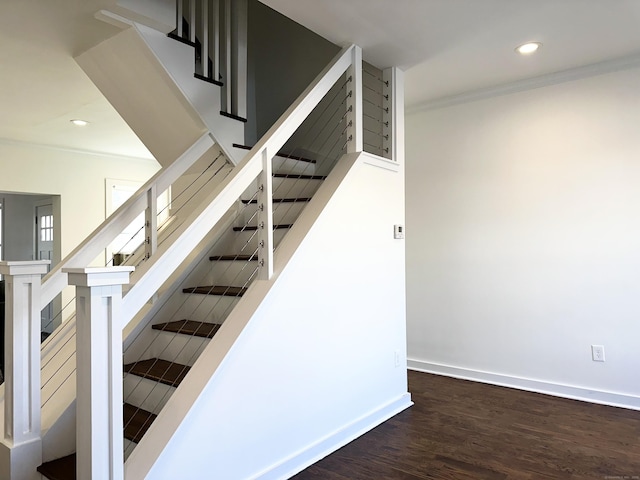 65 Beach St, Bridgeport, CT 06608 - stairs with baseboards, ornamental molding, wood finished floors, and recessed lighting