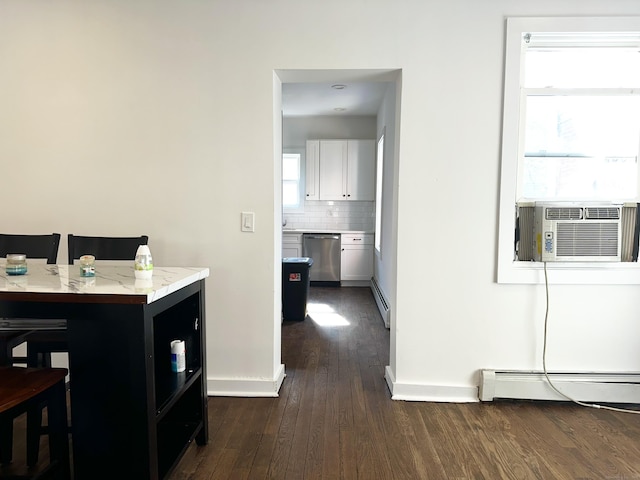 65 Beach St, Bridgeport, CT 06608 - interior space with a baseboard heating unit, baseboards, dark wood-style flooring, and cooling unit