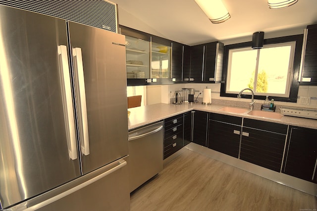 12 W Point Rd, East Hampton, CT 06424 - kitchen with dark cabinets, stainless steel appliances, light wood-style flooring, and a sink