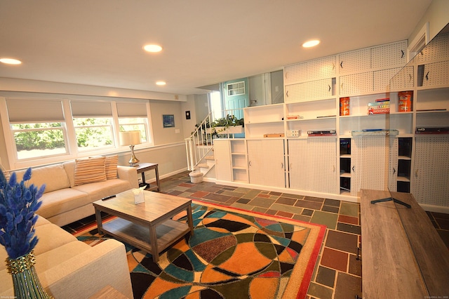 12 W Point Rd, East Hampton, CT 06424 - living room with stairs, recessed lighting, and baseboards