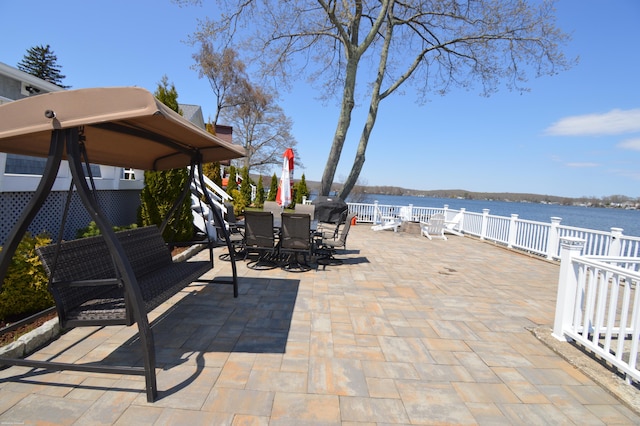 12 W Point Rd, East Hampton, CT 06424 - view of patio / terrace featuring fence, outdoor dining area, a water view, and a grill