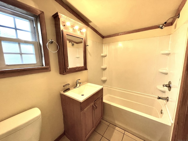 6 Stirling Ct, Middletown, CT 06457 - bathroom with tile patterned flooring, vaulted ceiling, toilet, shower / bath combination, and vanity
