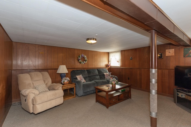 living area with carpet floors and wood walls