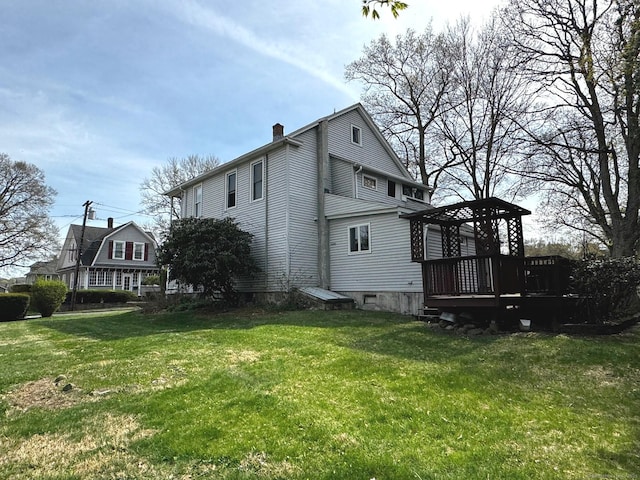 30 Merrimac St, Watertown, CT 06779 - view of property exterior featuring a deck, a gazebo, a chimney, and a yard