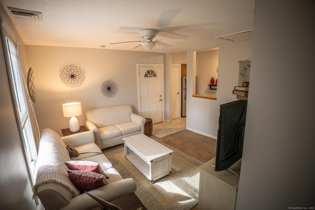 30 Merrimac St, Watertown, CT 06779 - living area featuring a textured ceiling, visible vents, a ceiling fan, and light carpet