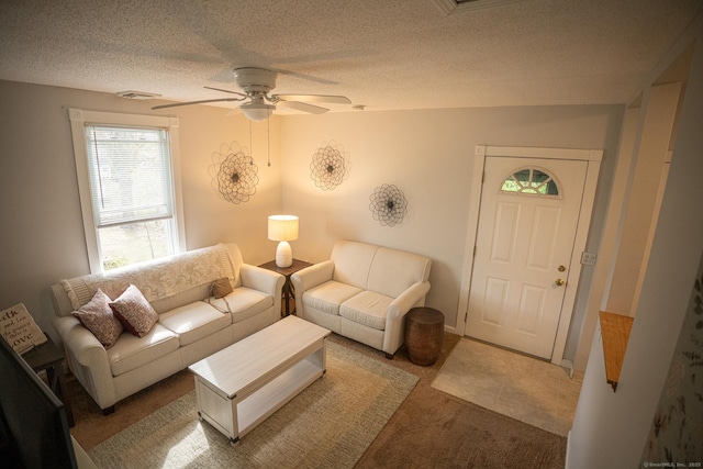 30 Merrimac St, Watertown, CT 06779 - living room with a textured ceiling, a ceiling fan, and carpet floors