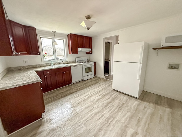 30 Merrimac St, Watertown, CT 06779 - kitchen featuring light wood finished floors, a sink, under cabinet range hood, white appliances, and dark brown cabinets