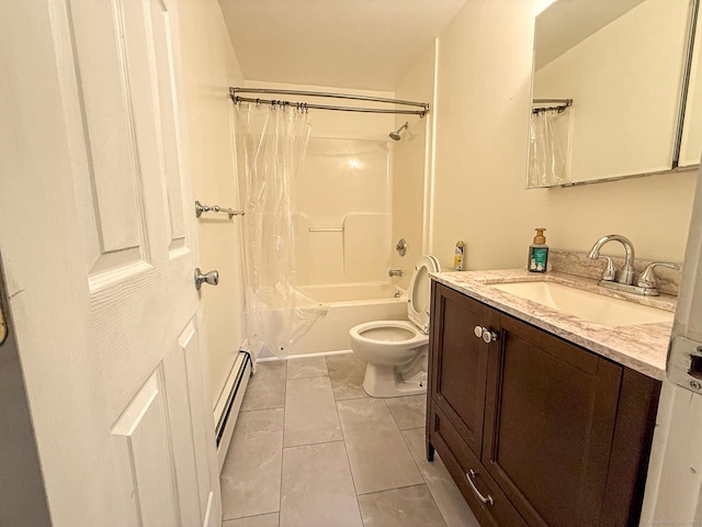 30 Merrimac St, Watertown, CT 06779 - full bath with a baseboard radiator, toilet, tile patterned floors, shower / bathtub combination with curtain, and vanity