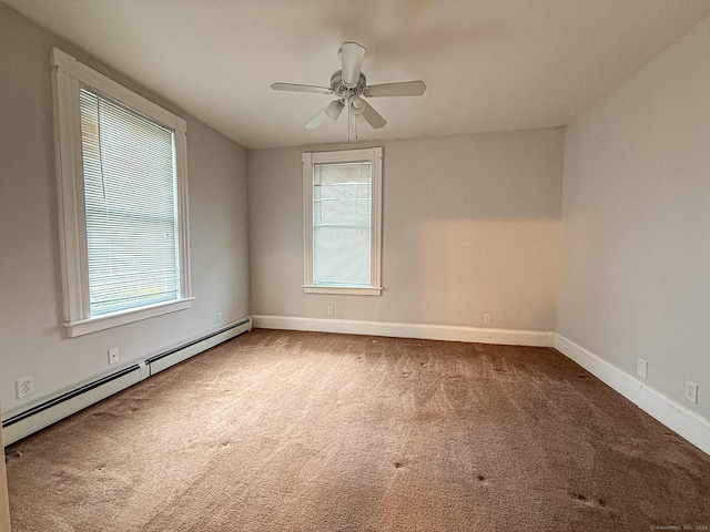 30 Merrimac St, Watertown, CT 06779 - carpeted spare room with a baseboard radiator, a healthy amount of sunlight, a ceiling fan, and baseboards