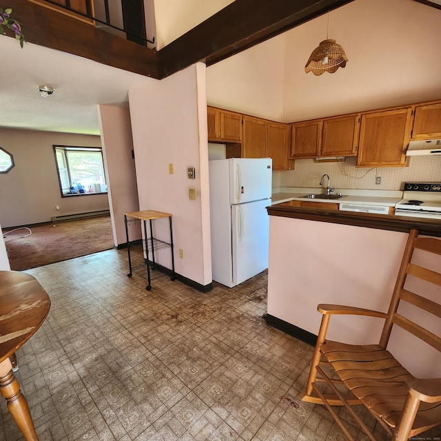 kitchen with a sink, a baseboard radiator, under cabinet range hood, white appliances, and high vaulted ceiling