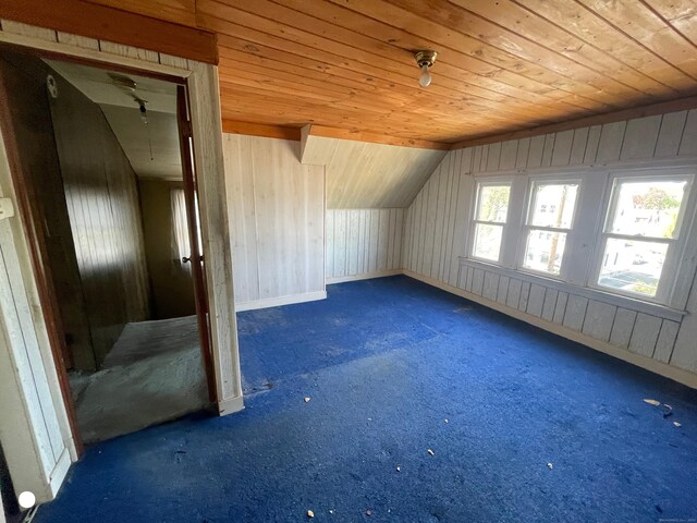 408 Blohm St, West Haven, CT 06516 - additional living space featuring carpet floors, wooden walls, wooden ceiling, and lofted ceiling
