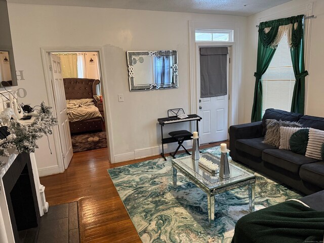 living area featuring dark wood-type flooring and baseboards