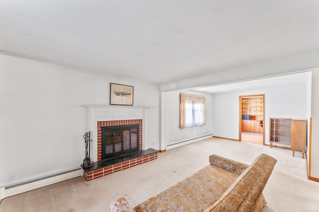 unfurnished living room featuring a fireplace, a baseboard radiator, baseboard heating, and carpet flooring