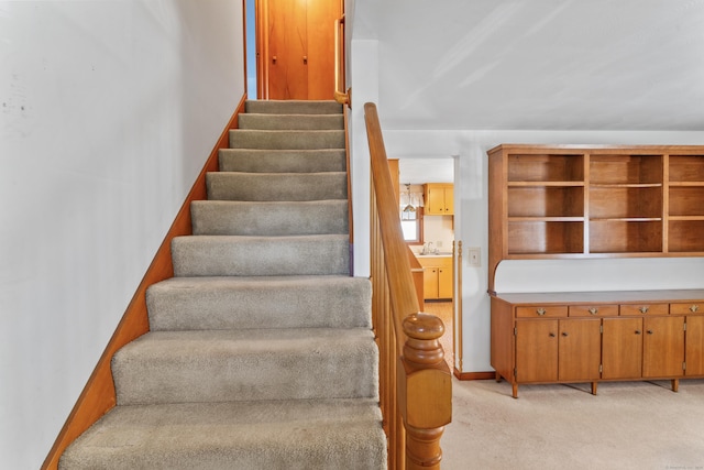 staircase featuring carpet flooring